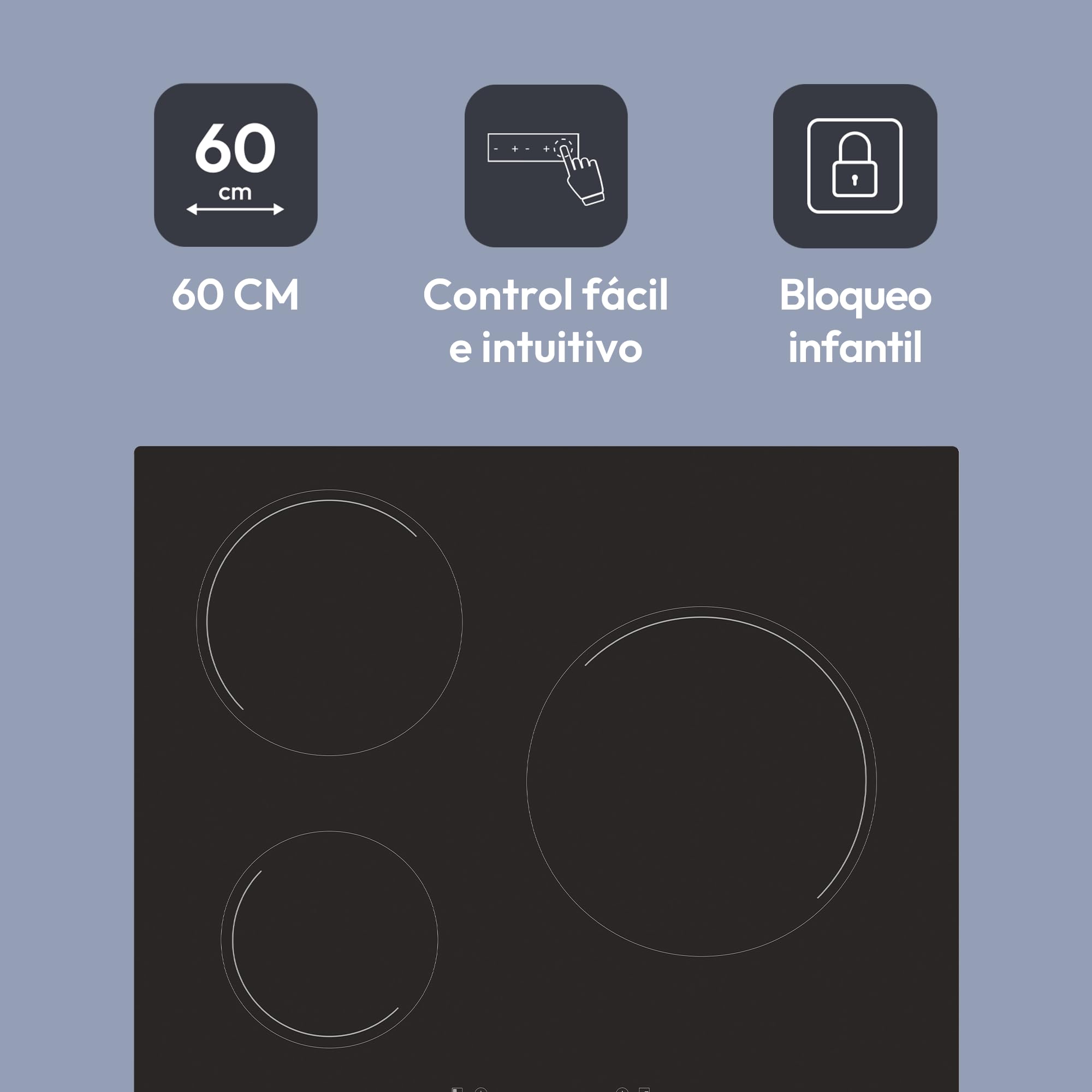 Candy Timeless CH63CC/4U2, Placa Vitrocerámica, 3 Zonas, 60CM, 10 Niveles de Potencia, 5,5KWMandos Centrales, Bloqueo de Seguridad, Indicador de Calor, Alerta Sobrecalentamiento y Derrames, Negro — view 3