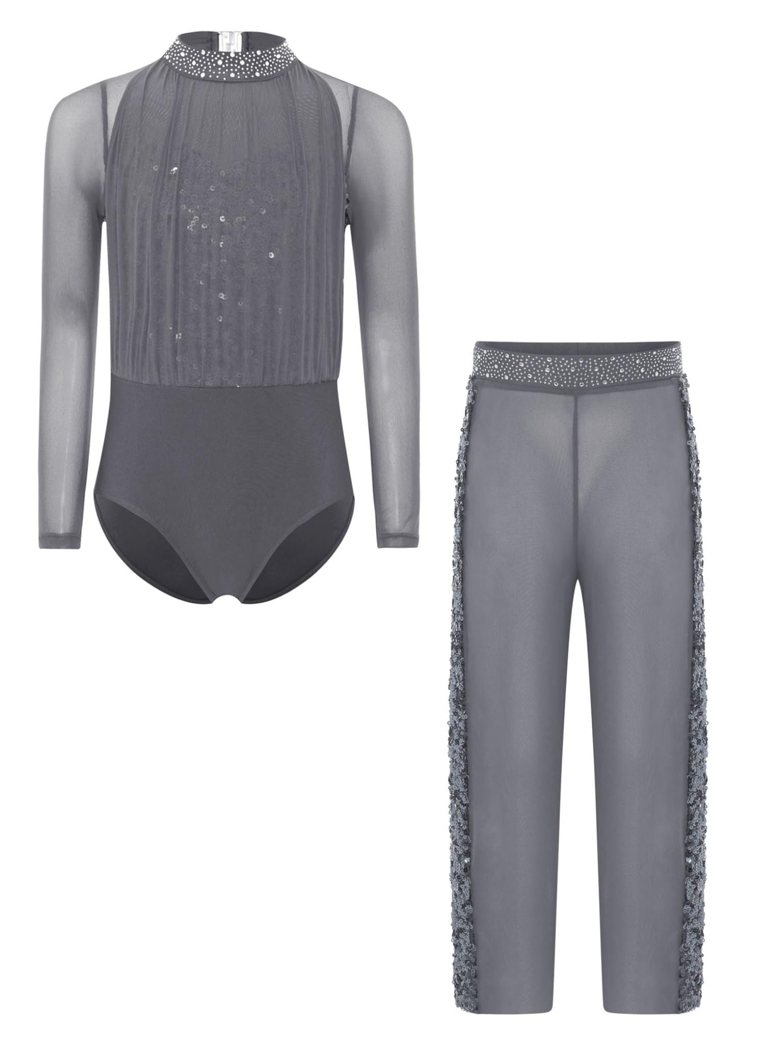 Gymnastikanzug Mädchen Langarm Kinder Pailletten Und Strass Glitzer Tanzanzug Mesh Patchwork Body Mit Hose Leggings Weites Bein Tanzkostüm