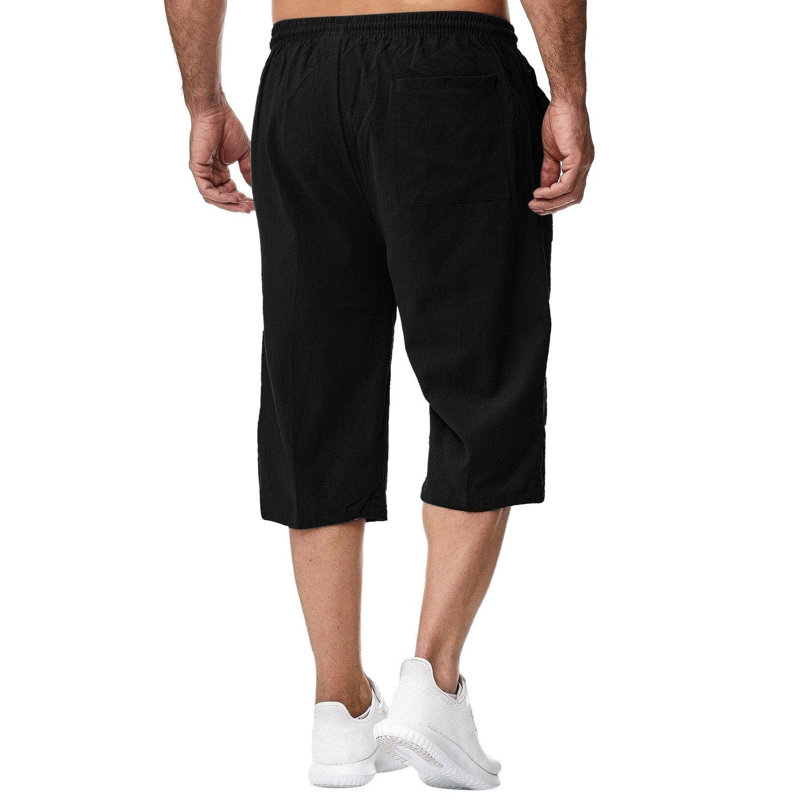 Pantalon 3/4 Homme Coton Lin, Pantacourt Homme été Leger Taille éLastique Couleur Unie Chic Pantalon de Plage avec Cordon de Serrage et Poches Short et Bermuda Casual Yoga