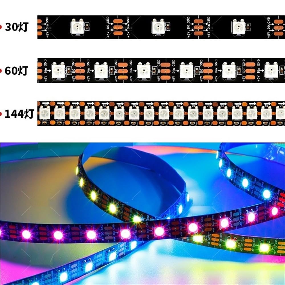 Exterior/interior decorativos, Tira de luces LED de 5 metros, SK6812 DC5V 5050SMD, 30/60/144 LED/m, RGB, con soporte de cobre y cable dorado.(Black PCB-IP67,144leds/m)