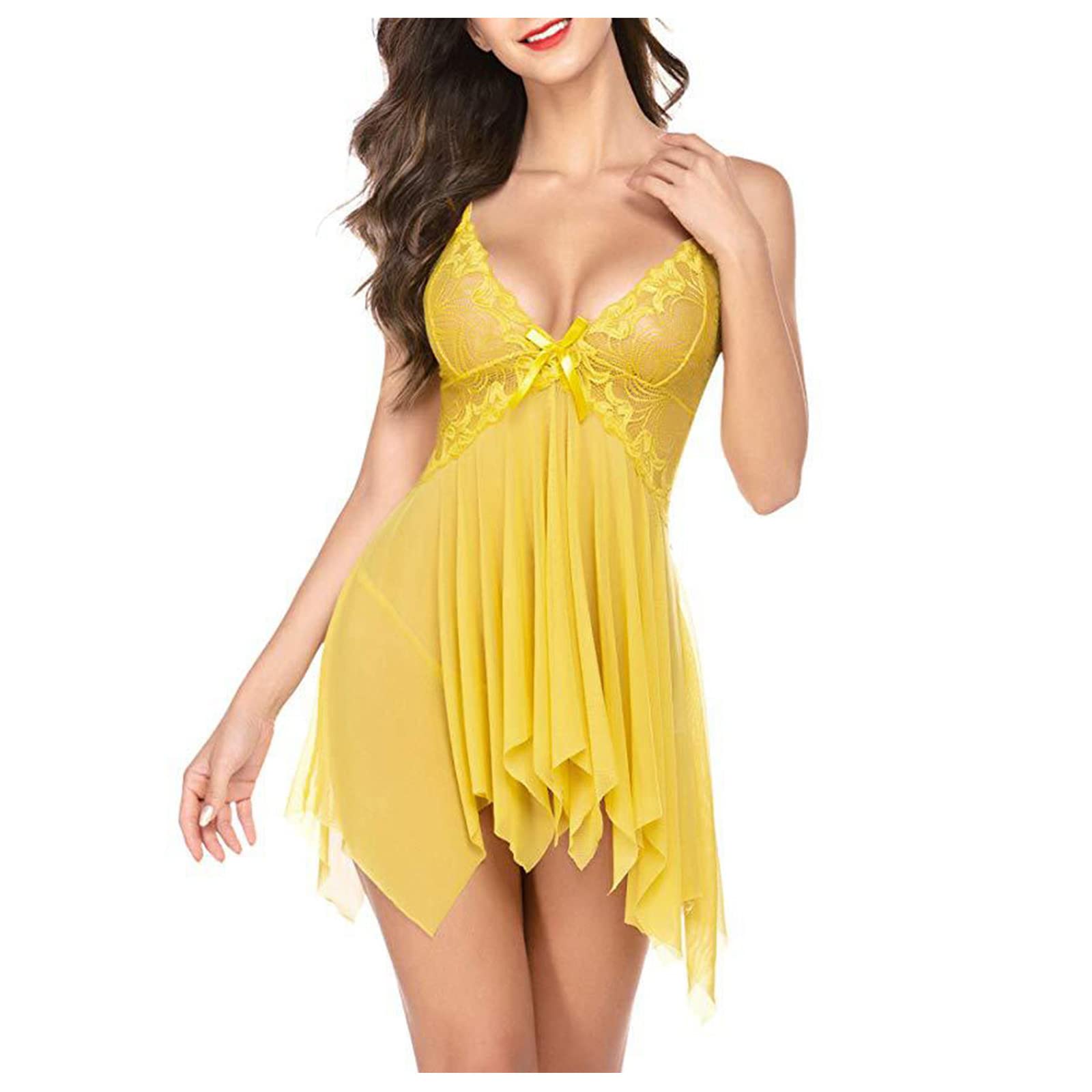 maisdgop Women Lingerie Bodysuit Sexy Mesh See Through Pajama Set Fashion Erotic Bra Panties Outfits Casual Homewear Sets: Small 01 Yellow