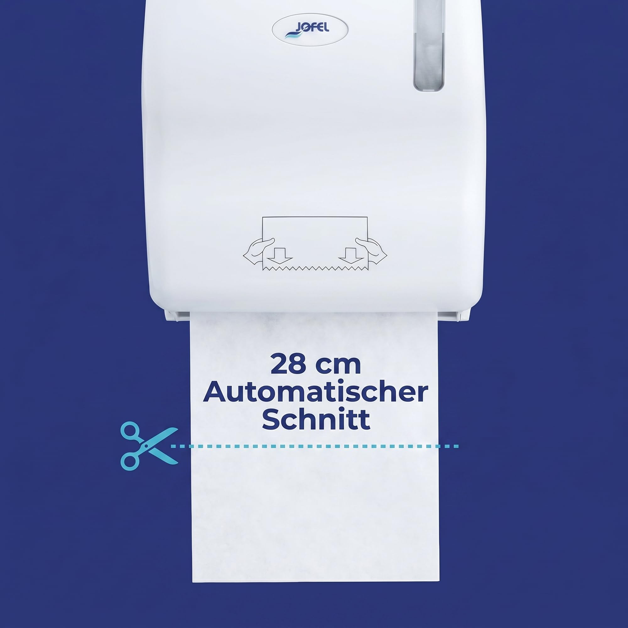 Jofel Autocut ABS Papierhandtuchspender für Gewerbe & Industrie - Hygienischer Wandspender ohne Batterie, Für Tuchrollen bis 210mm, Inkl. Sichtfenster & Schloss, Weiß (AG56000)