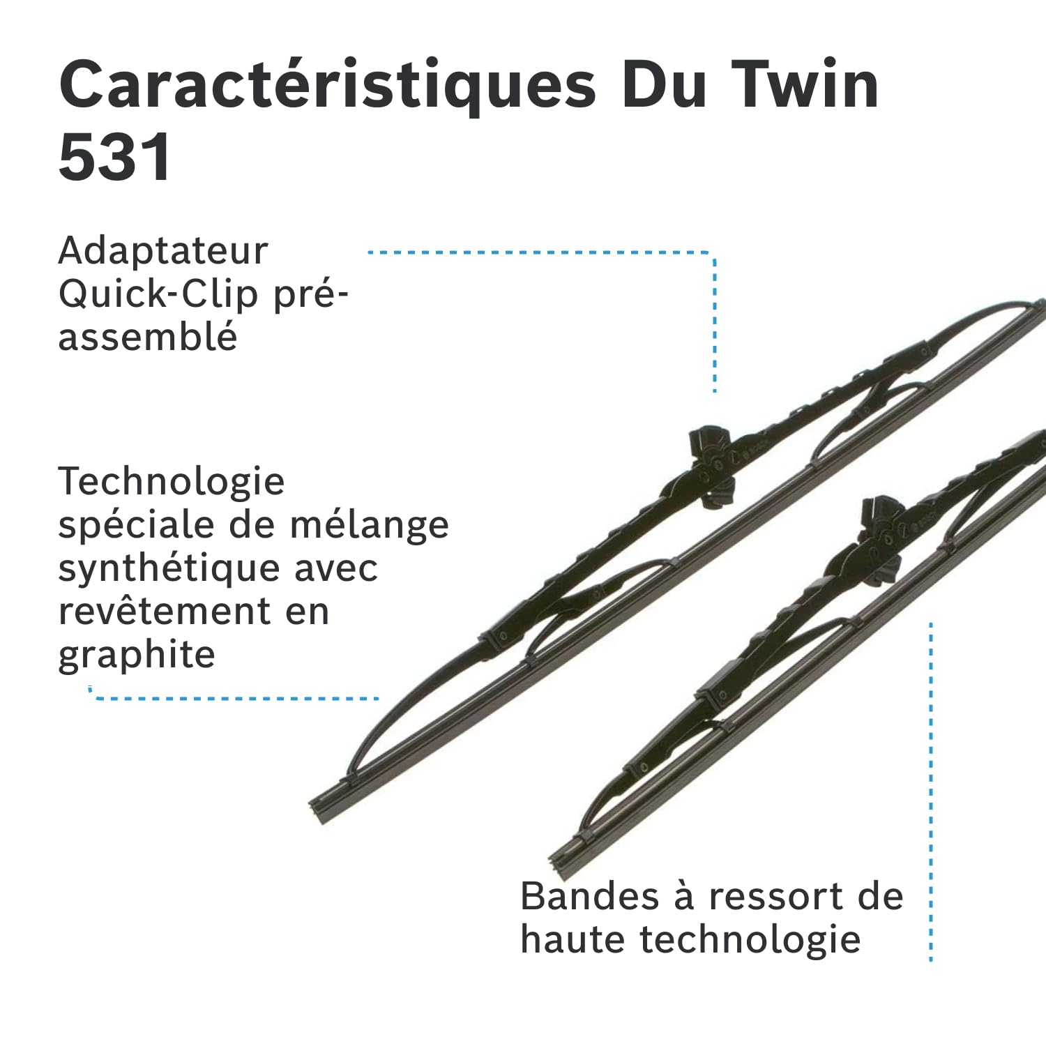 Bosch Twin 531 - Jeu de 2 Balais d'essuie-glaces de Remplacement Avant - Livrés avec Adaptateur Quick-Clip Pré-Assemblé - 530mm / 450mm