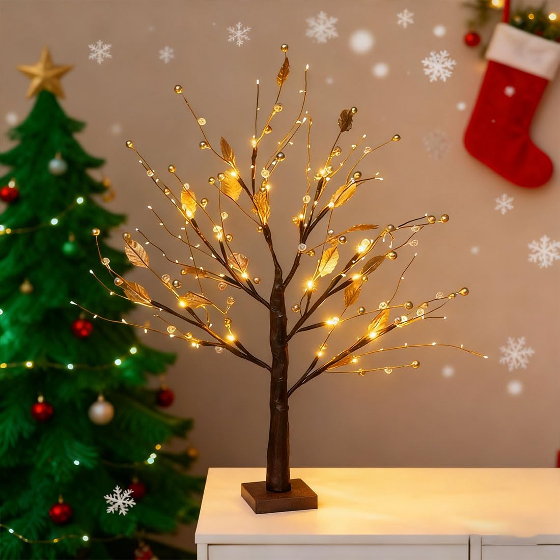 Heofonm Gold Red Berry Blossom Tree With Lights, 24 Led Lighted Branches Bonsai Twinkling Lamps, Battery/Usb Operated Removable Base, Christmas Home Decor (Gold)