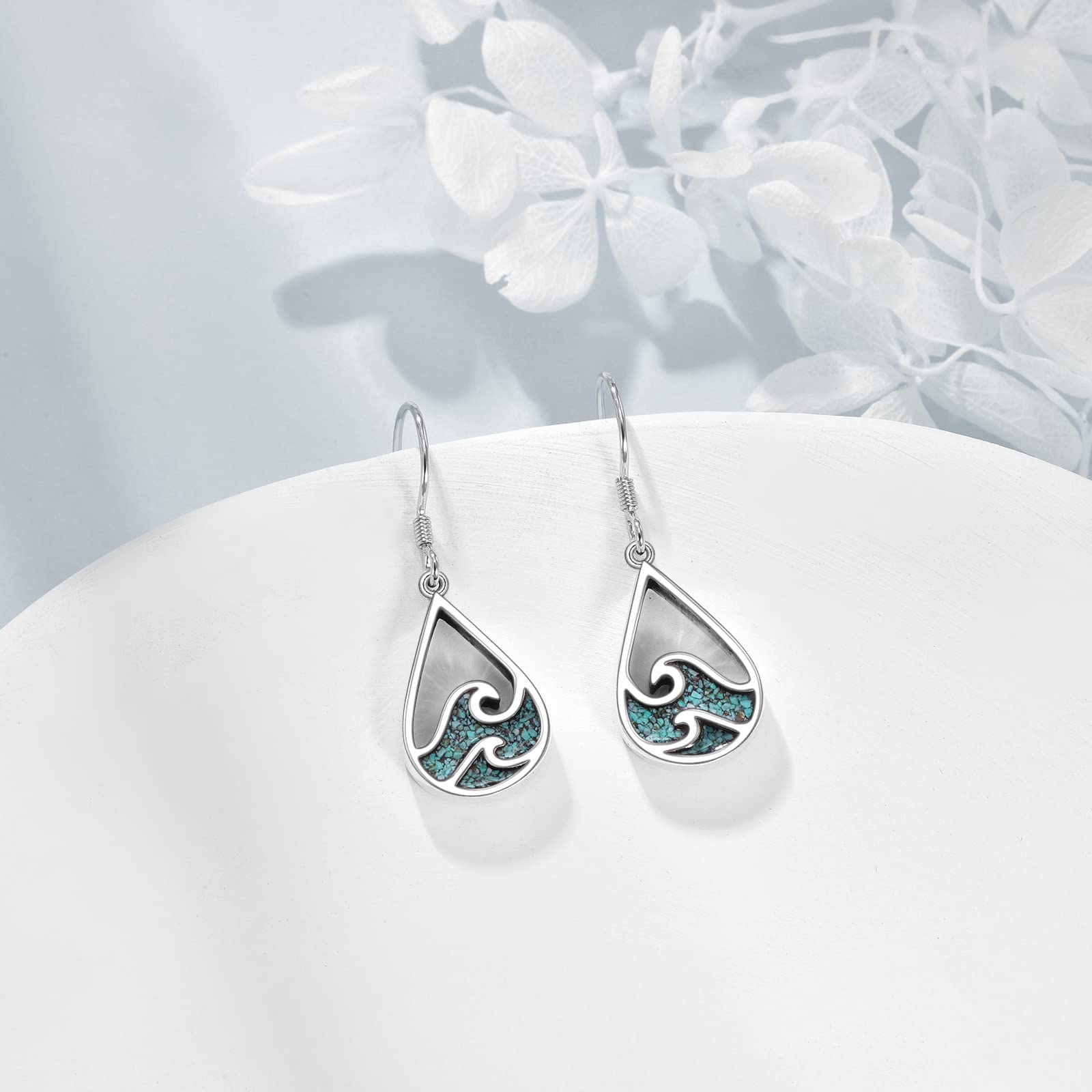 YFN Meer Welle Ohrringe Sterling Silber Türkis Hängend Baumeln Tropfen Ohrringe Ozean Strand Schmuck Sommer Thema Geschenke für Damen