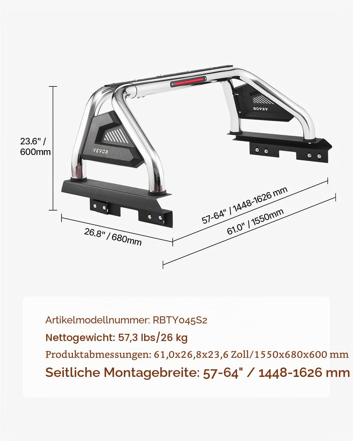 VEVOR Überrollbügel aus Karbonstahl für die Ladefläche, universeller Einstellbarer (1448-1626 mm) Pickup Sport-Überrollbügel mit LED-Bremslicht für mittelgroße/große Lkws (kein Träger)