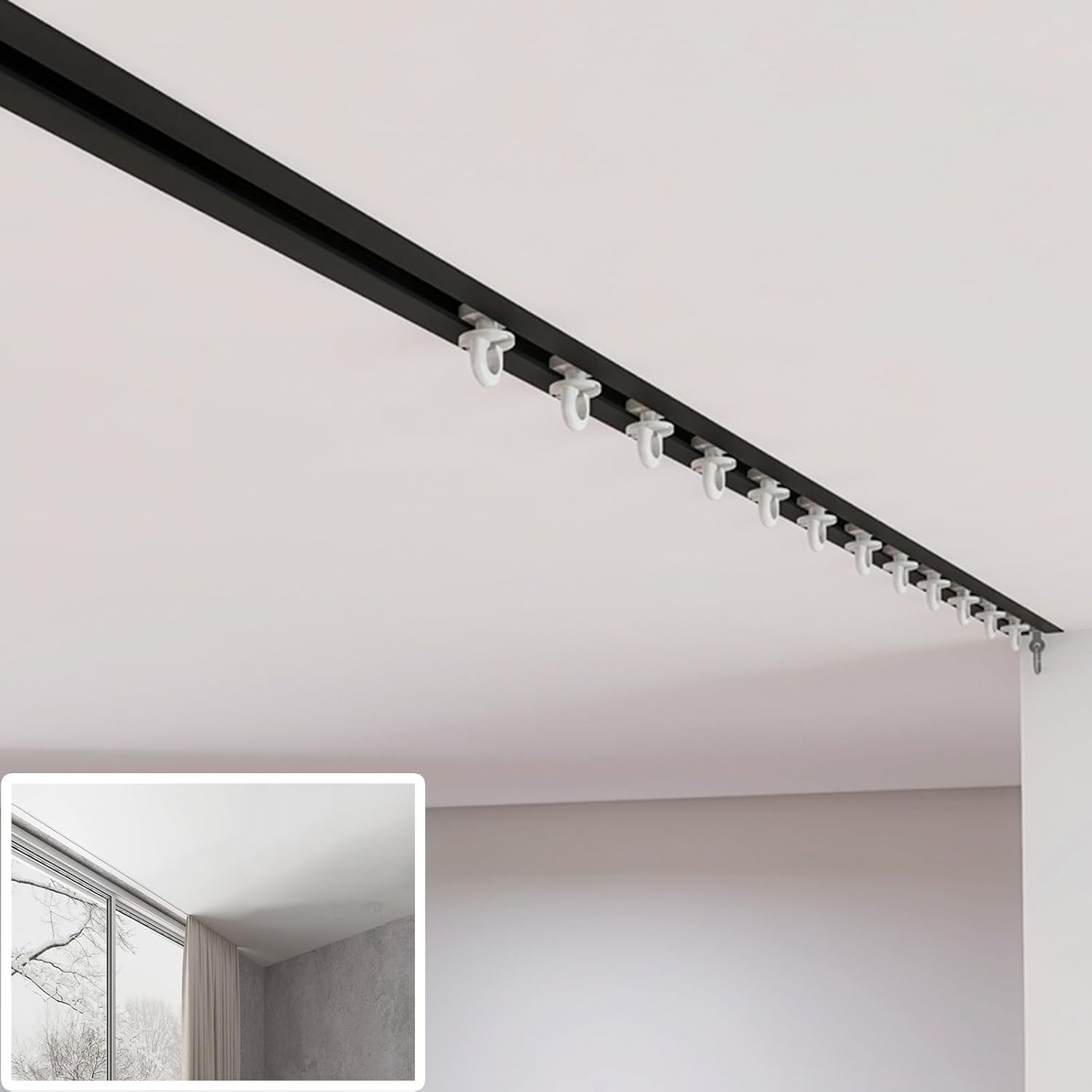 Vibeo Room Divider Curtain Track Ceiling Mount, Set with Track, Roller Hooks, Installation Hardware, End Cap, Home Bay Window Curtain Track(White,1.5m(4.9ft))
