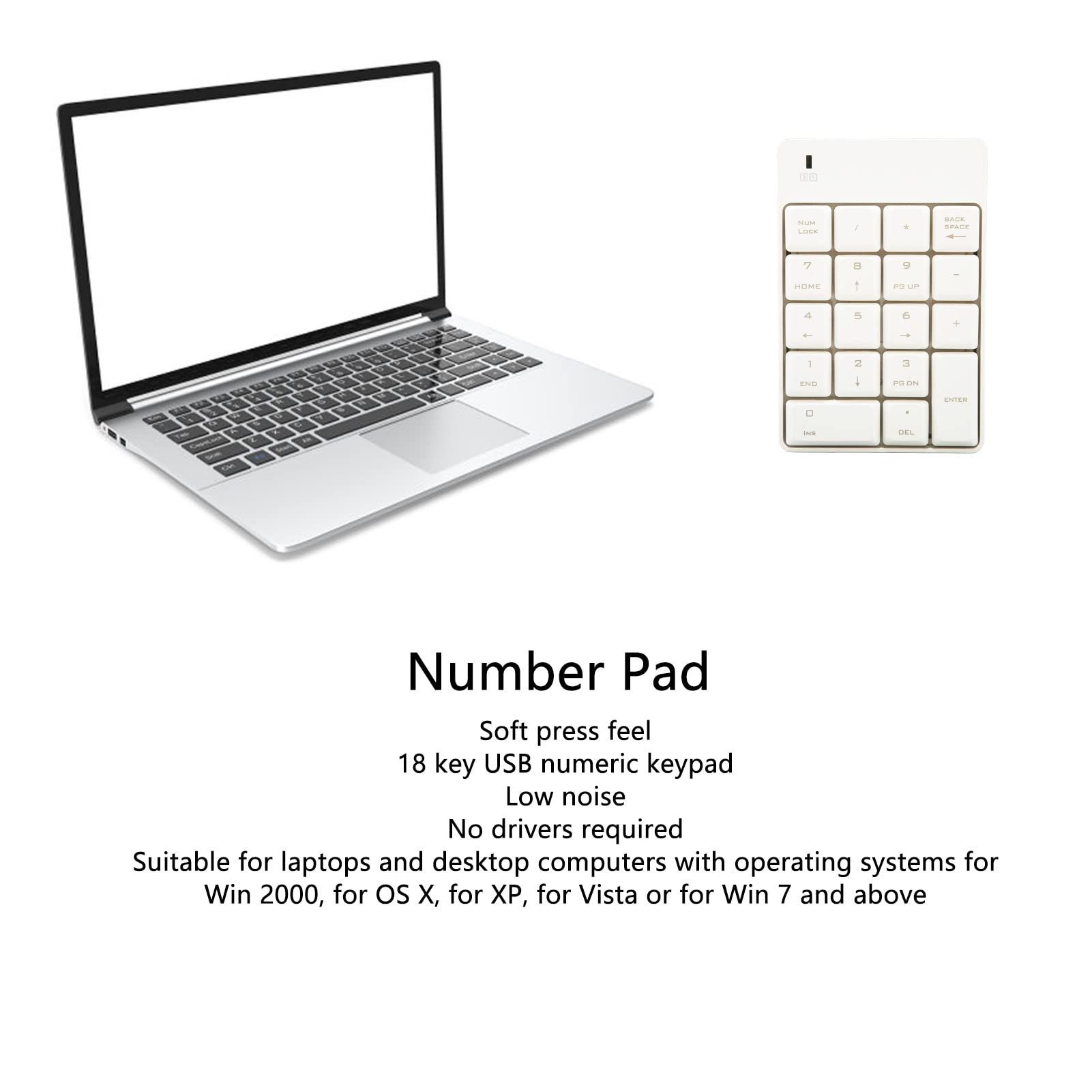 Numeric Keypad, 18 Keys USB Number Pads Portable 2.4 GHz Financial Accounting Number Keyboard for Laptop, Desktop, Home Work Office (White)