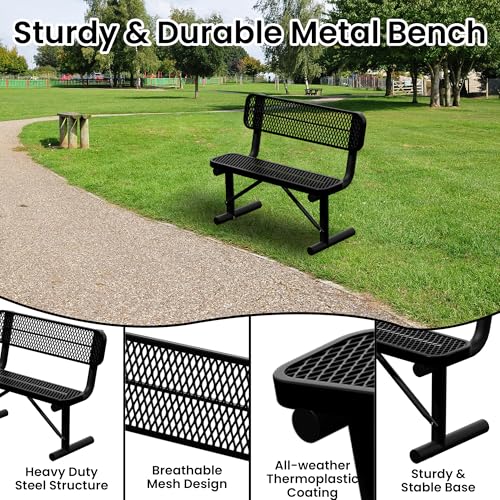 Image of 4 FT Heavy Duty Metal Park Bench for Outside, Outdoor Benches Weatherproof Black Bench with Backrest & Portable Frame, 1-3 Person Seat-Commercial Benches Garden Benches for Outdoors