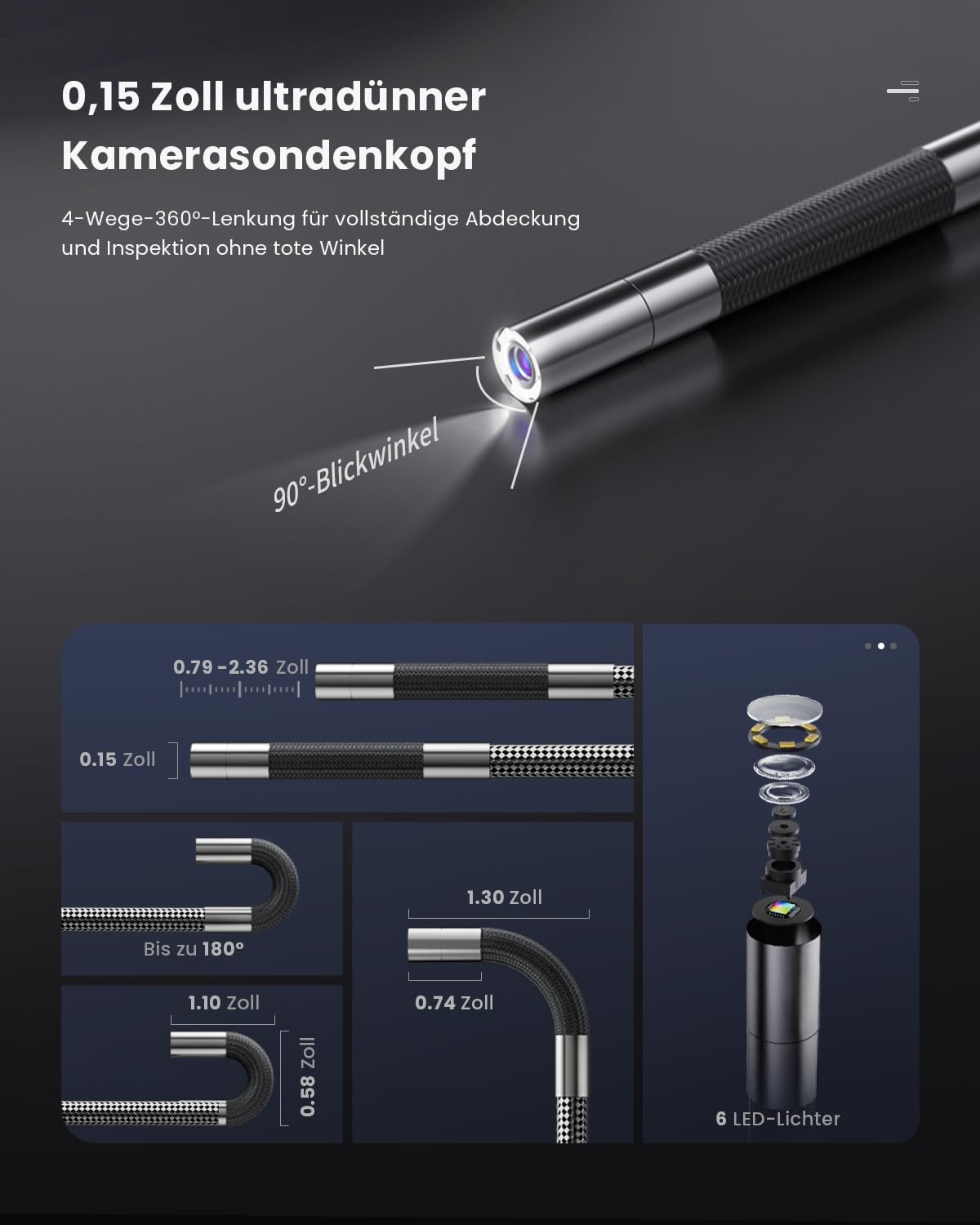 Ralcam M506 Endoskopkamera Sondenmodul 3,9mm, 1,5M Edelstahl Kabel