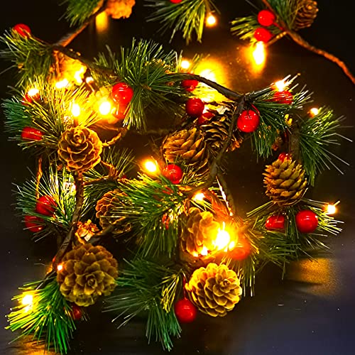 7Ft Christmas Pinecones Garland With Lights 20 Led Red Berry Pine Needles Fairy String Lights Battery Operated Indoor Outdoor Xmas Tree Fireplace Mantel Holiday Decorations #TOP10