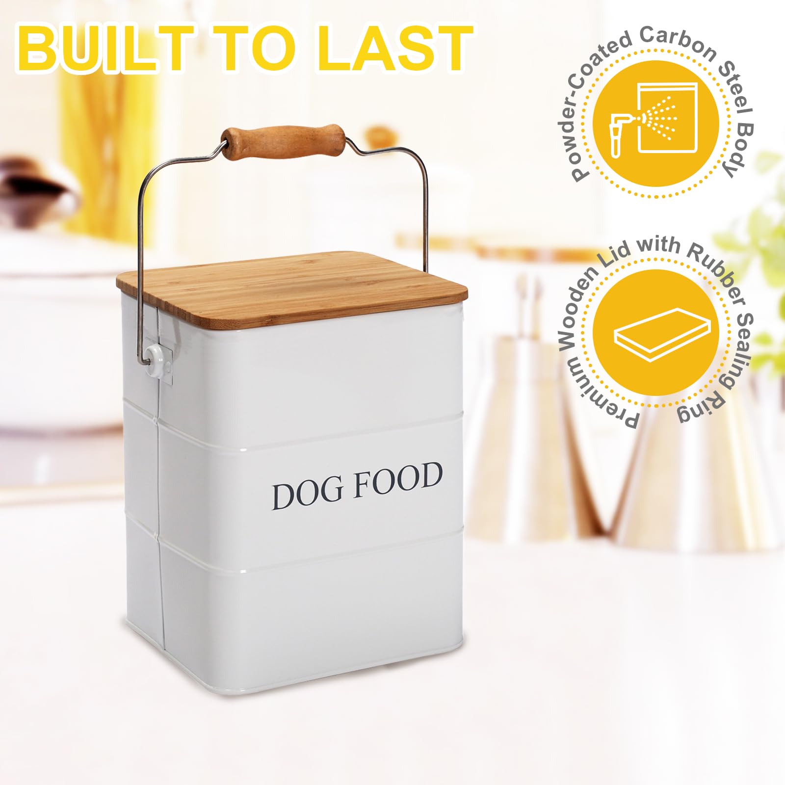 Geyecete Contenitore Crocchette Cane-6L Contenitore per Alimenti in Metallo con Ermetici Legno Coperchi/Maniglia,per Cibo per Gatti, Cani