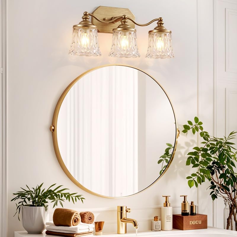 maesta Gold Bathroom Light Fixtures, 3 Light Bathroom Vanity Light, Matte Antique Gold Finish with Crystal Glass Shade, Gold Vintage Vanity Light for Bathroom, Living Room, Bedroom, Hallway Gold 3 Lights