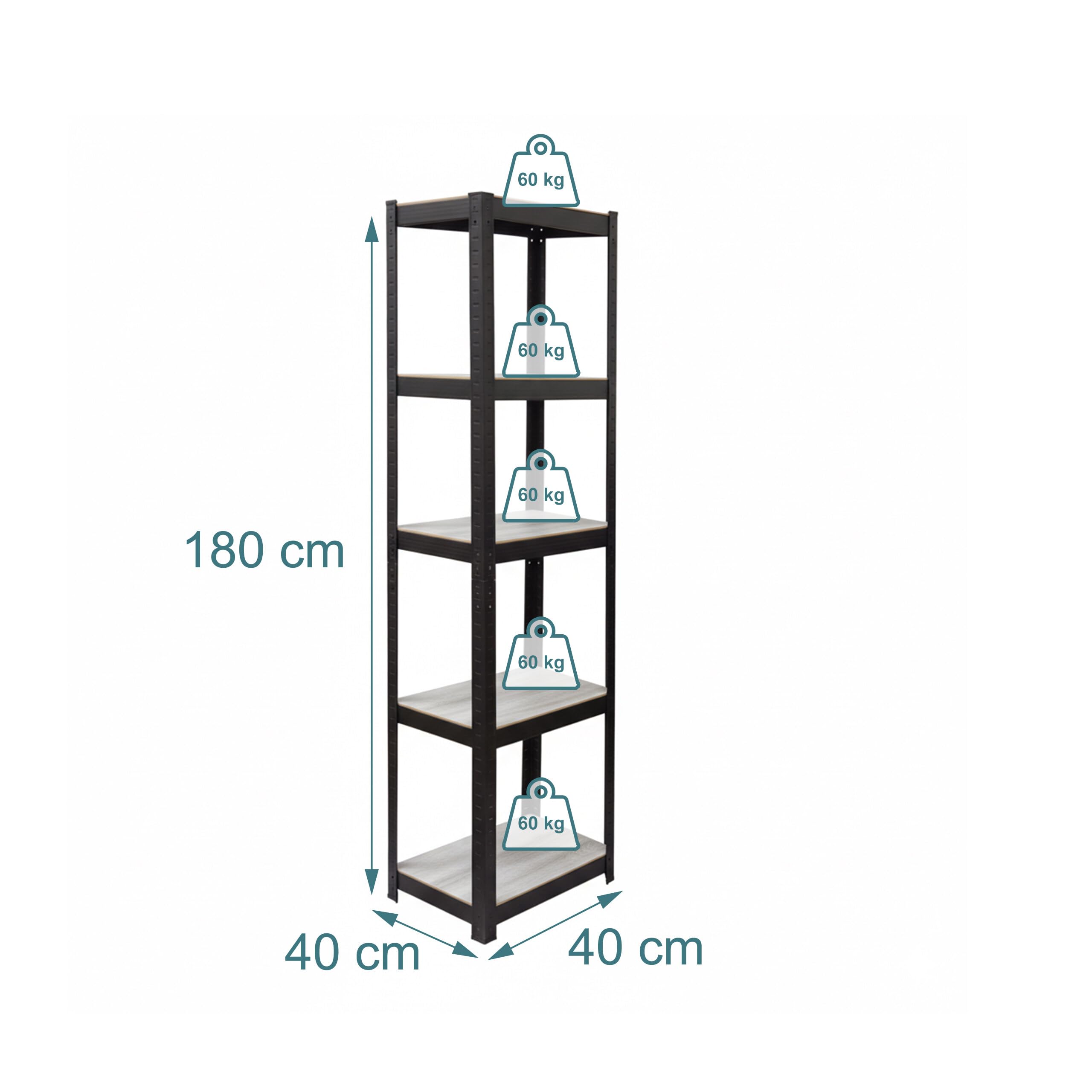 Relaxdays Scaffale, HxBxT: 180 x 40 x 40 cm, 5 Ripiani, 300 kg, per Ufficio, Cantina, Grigio/Nero