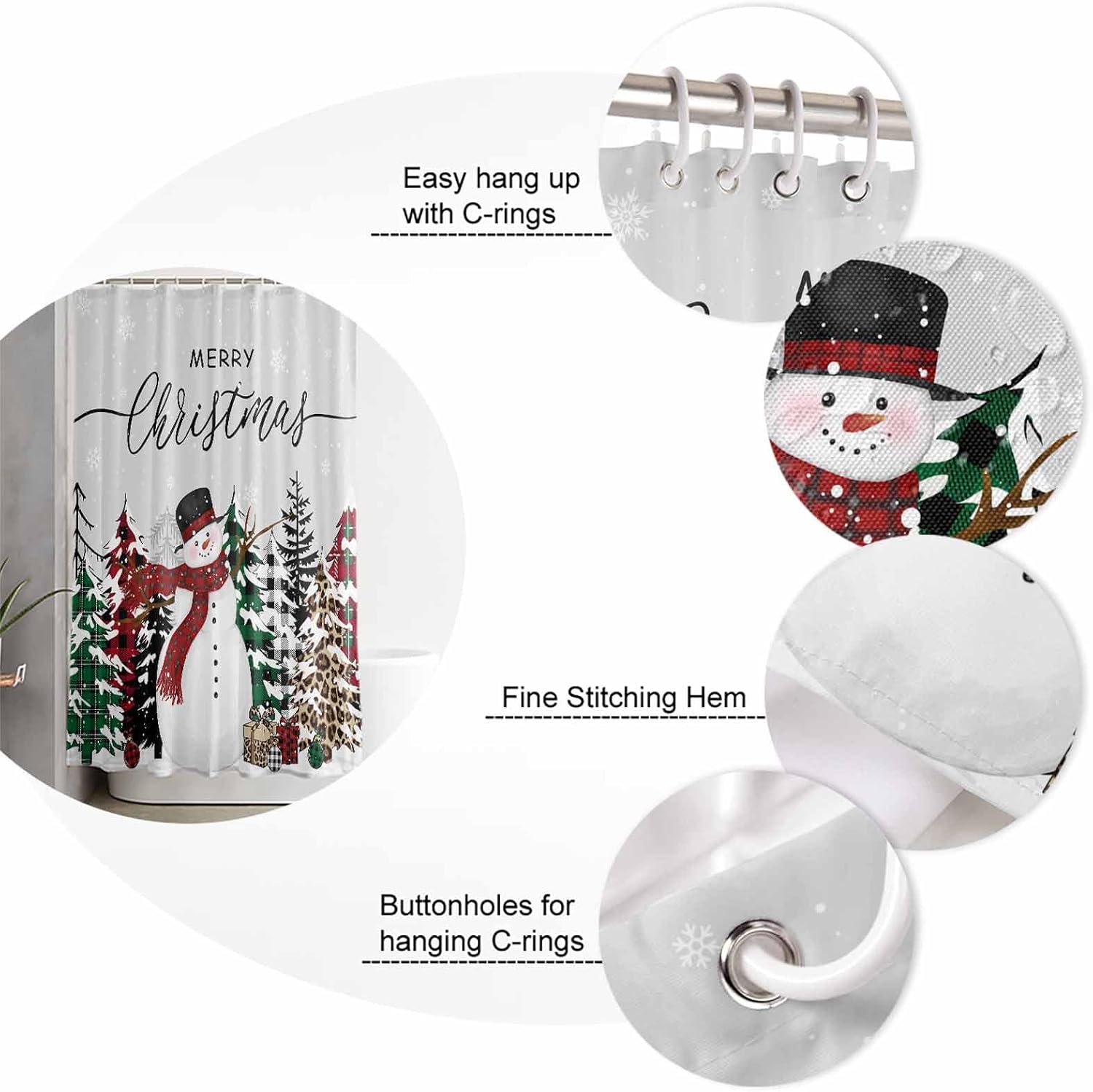 Merry Christmas Shower Curtain for Bathroom 66" x 72", Snowman Buffalo Plaid Pine Tree Gray Shower Curtain with Hooks Polyester Waterproof Home Bathtub Decor