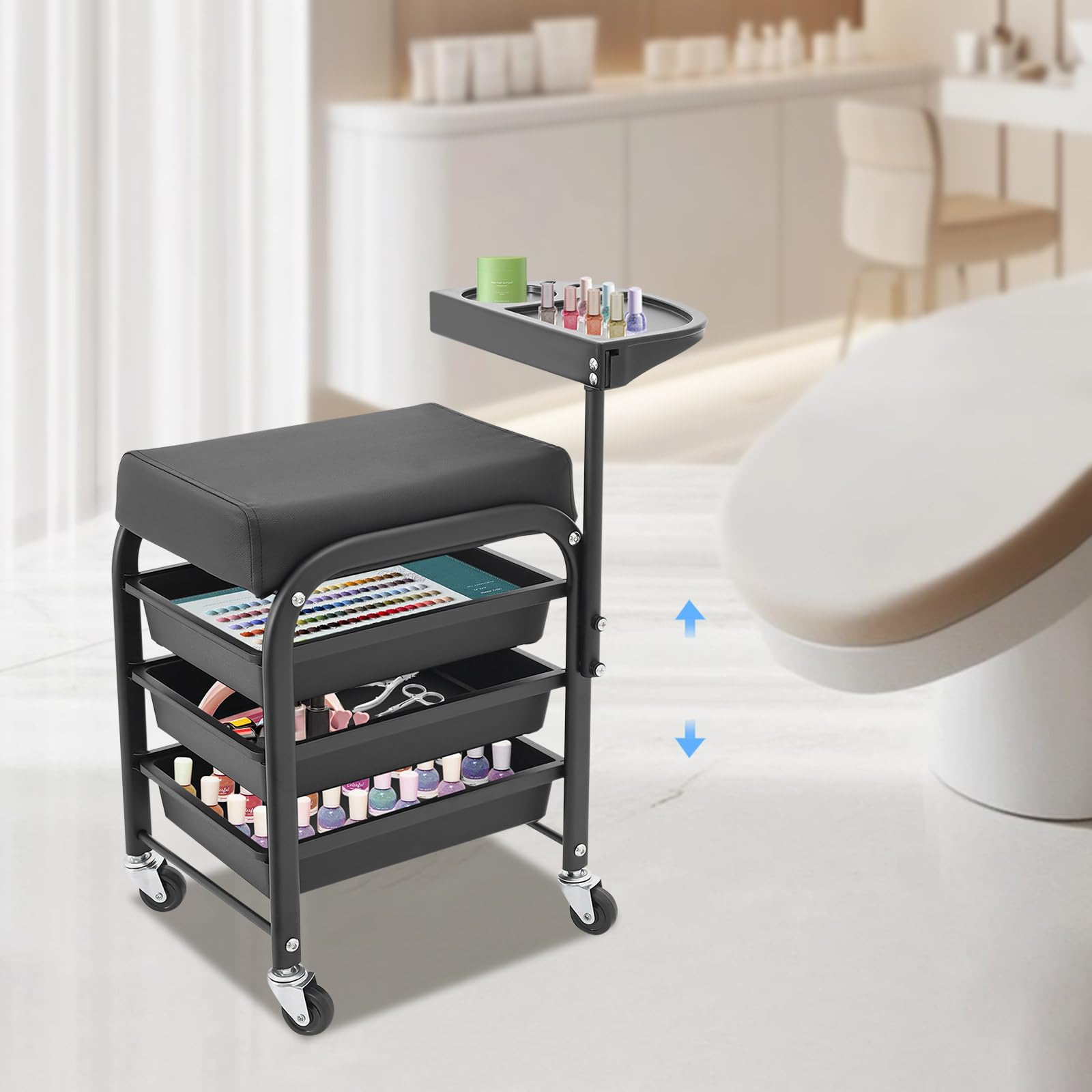 Pedicure Poggiapiedi Carrello Trolley Portatile con Ruote 3 Cassetti Vassoio Girevole per Saloni di Bellezza