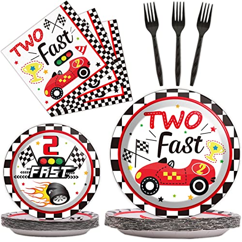 96pcs Race Car Birthday Party Decorations Two Fast Racing 2 fast Party Plates and Napkins Set Race Car Theme Disposable Cake