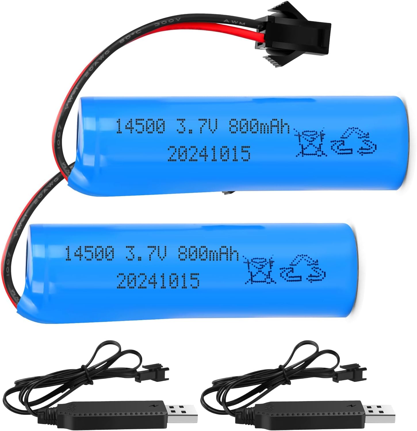 2 Pack 3.7V 800mAh Li-ion Rechargeable Batteries with 2 USB Cables, High 2.5A Discharge for RC Stunt Cars Trucks Boats, SM-2P Plug Fits DE35 DE38 TB202