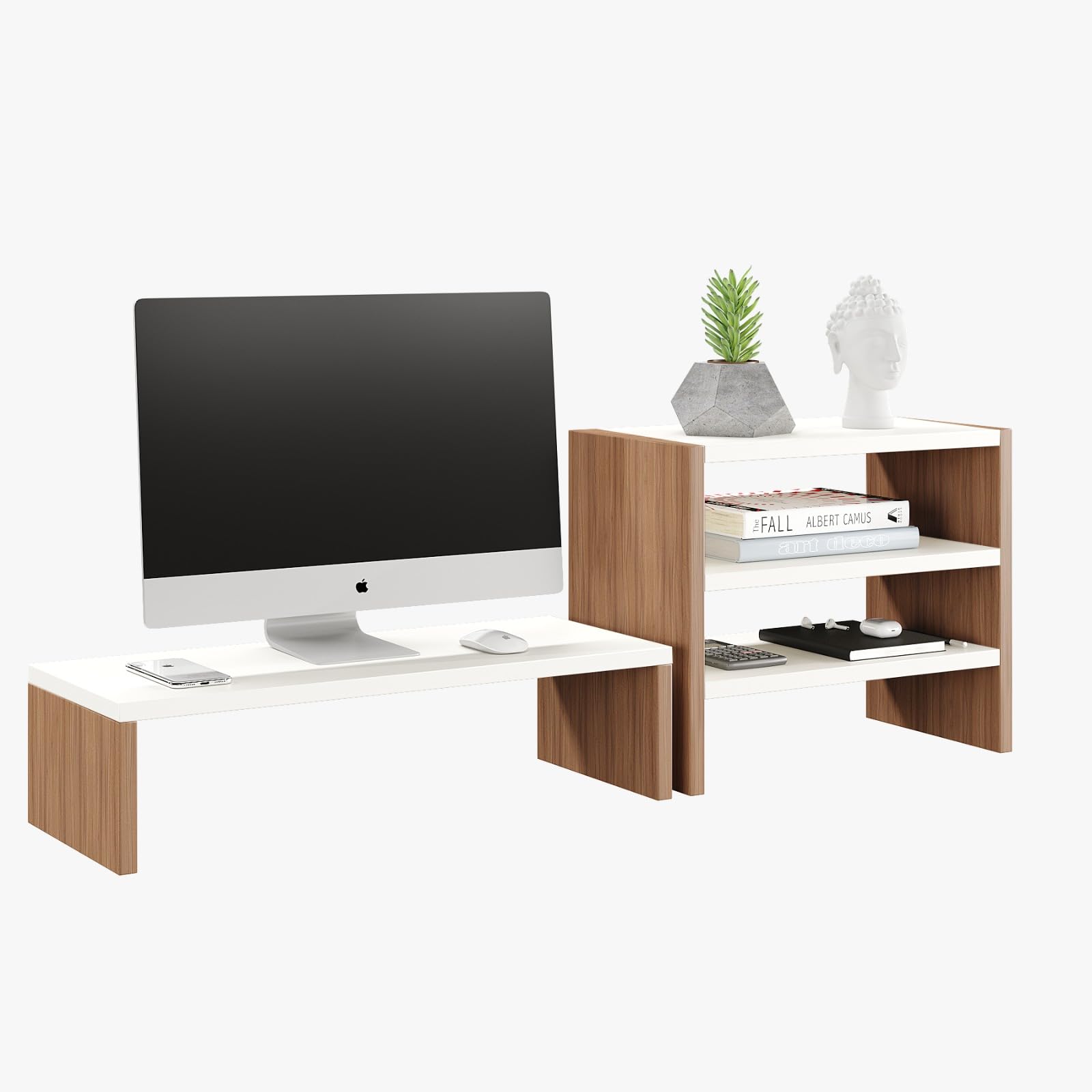 FURNEASER Densi Wooden Monitor Stand Organizer with Storage Rack, Desktop Organizer Monitor Riser Laptop Stand, Desk Table Top Organiser (Exotic Teak & White) (B0D8QN5J8Q) Amazon Price History, Amazon Price Tracker