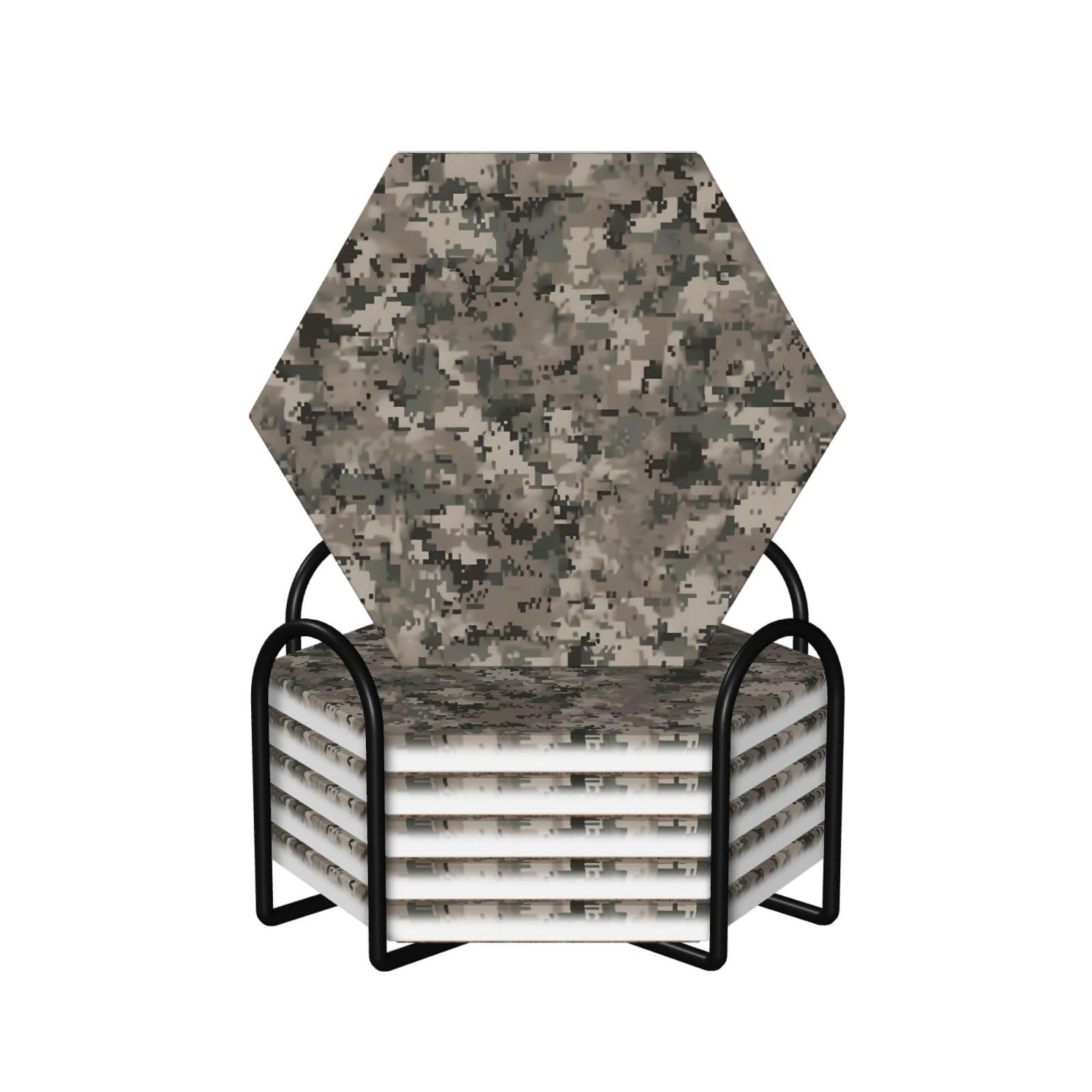 6Pcs Ceramics Coaster for Drinks, Army Digital Camouflage Cup Coasters with Holder, Aesthetic Drink Coasters for Coffee Table, Absorbent Round Coaster for Tabletop Protection 4" Cup Mat Pad