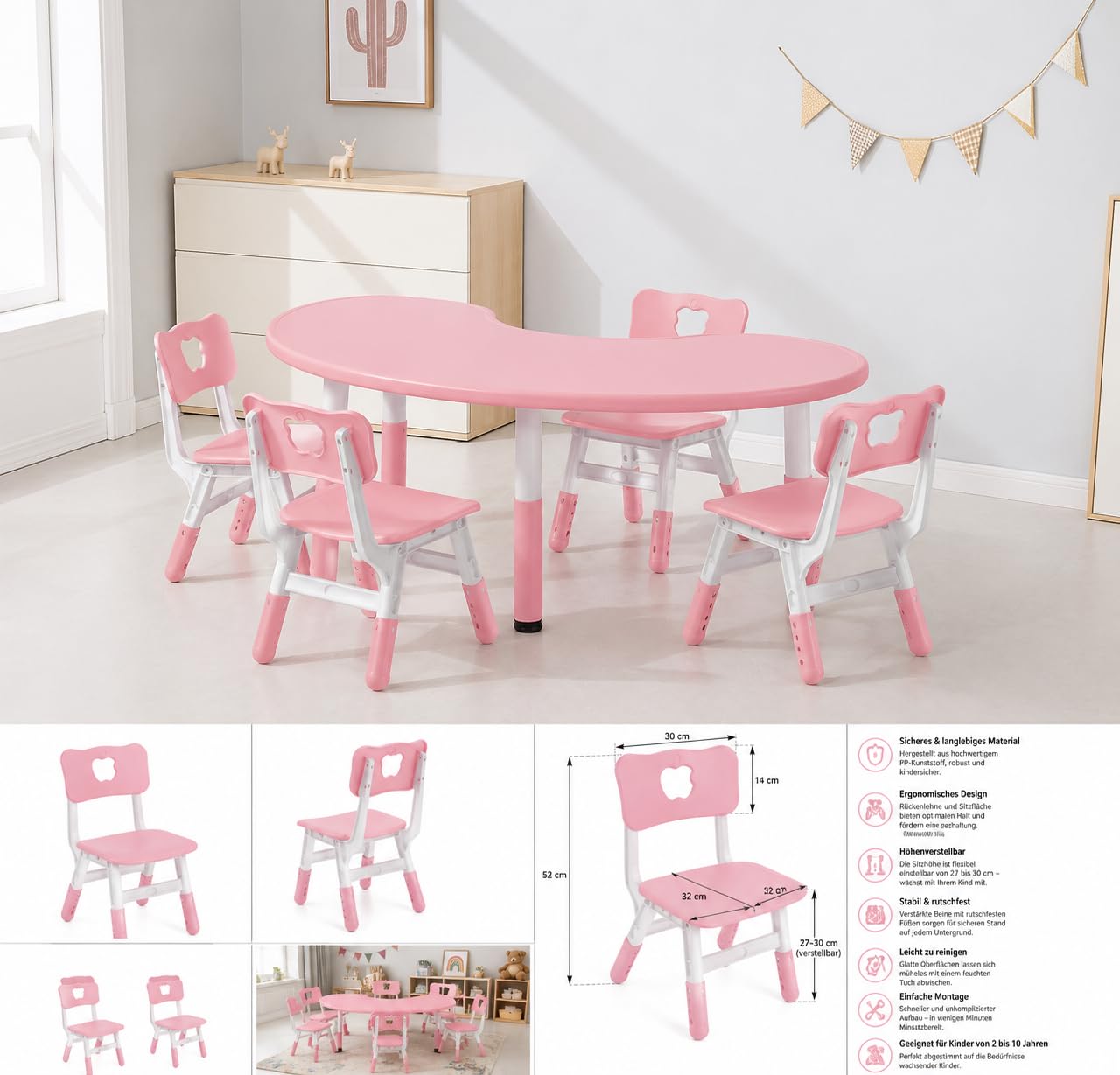 Bayli Kinderstuhl Rosa höhenverstellbar 27–30 cm – Kunststoff Stuhl für Kinder – Spielstuhl, Lernstuhl & Bastelstuhl für Kinderzimmer, Kita & Spielbereich
