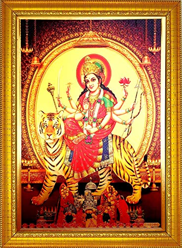 Image of ADA Handicraft Maa Sherawali With Tiger Mata Durga Bhavani Wood Wall And Pooja Photo Frame (35 x 25 cm, Multicolour)