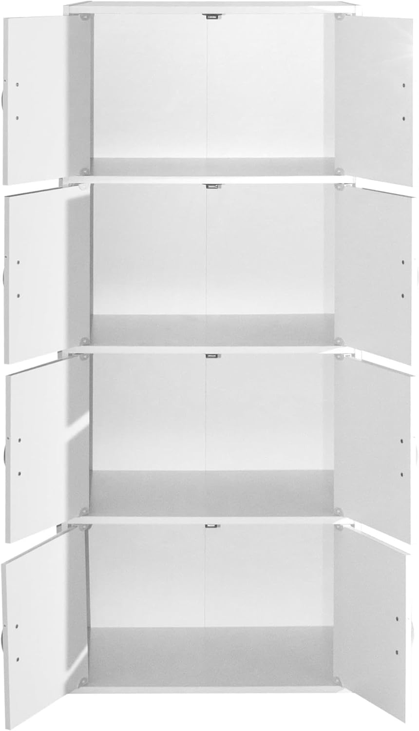 Pemberly Row Wooden Bookcase Cabinet, 4 Shelves 8 Doors, White Finish, Slim Multipurpose Design for Home Office, Bedroom, Kids Room Storage, Contemporary Style, Engineered Wood Construction