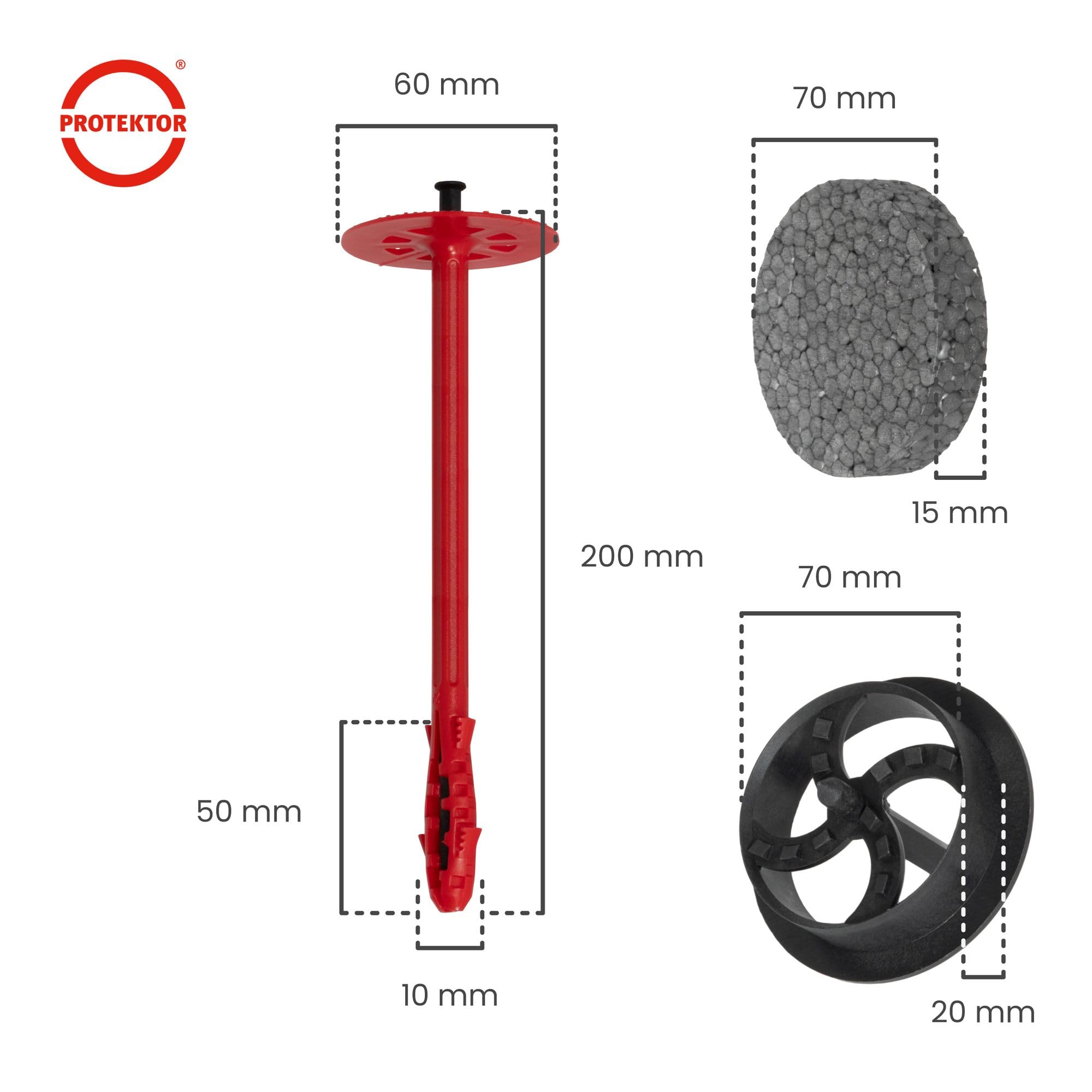PROTEKTOR 500x Kołek izolacyjny z gwoździem z tworzywa, zestaw Ø10 x 200mm | Kołki talerzowe (z 600 podkładkami + 1 frezem) do ETICS, kołki wbijane z certyfikatem ETA