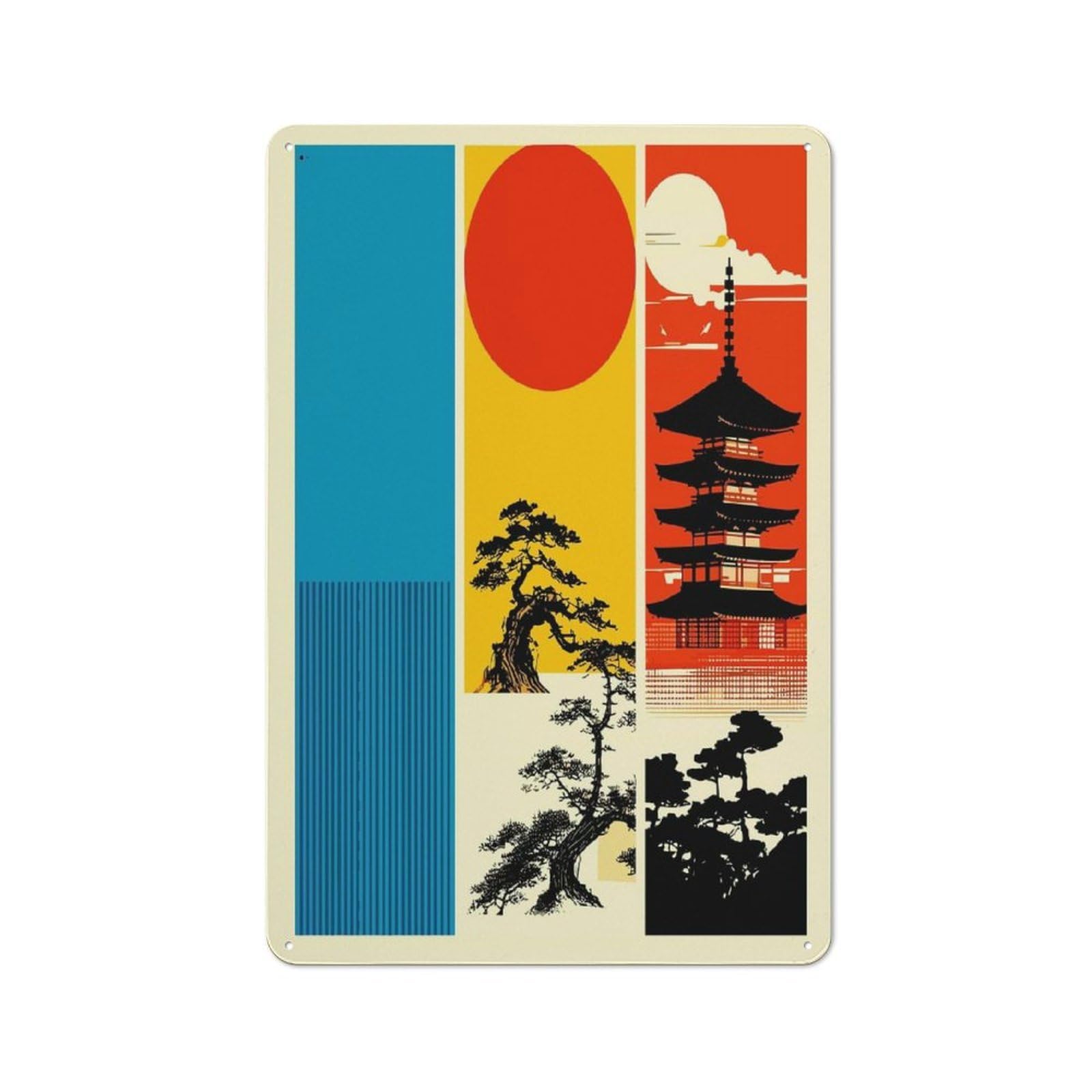 Vintage Japanese Landscape with Pagoda And Trees Vintage Tin Sign 30x20cm, Cafe Wall Decor for Bakery, Diner, Cafe Or Family Room