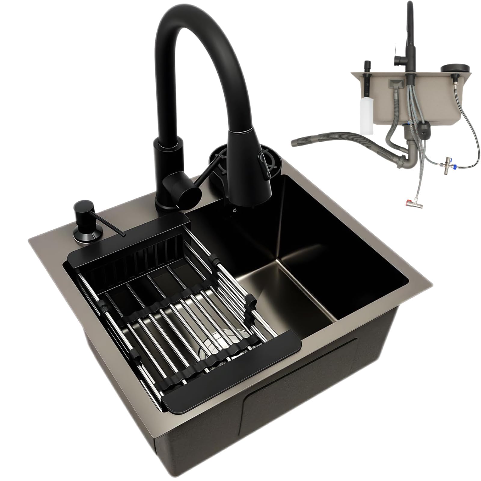 Fregadero de cocina negro de 45 x 40 cm, con grifo extensible y lavavajillas de tazas, juego completo con escurridor y dispensador de jabón para subestructura