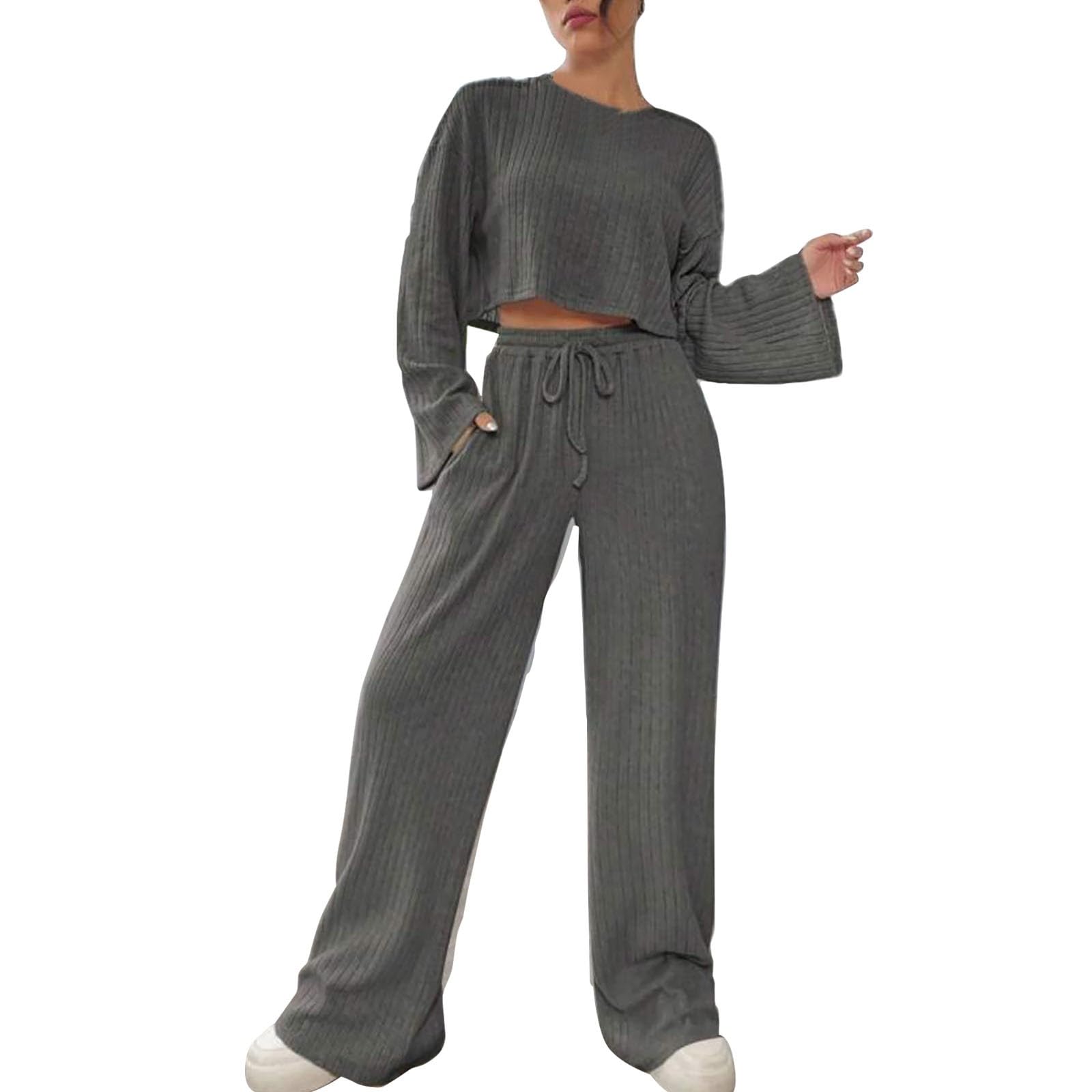 Pantaloni da jogging da donna a coste, con top cropped + gamba larga, pantaloni da jogging a vita alta, felpa a maniche lunghe, tinta unita, per il tempo libero Hip Hop Streetwear
