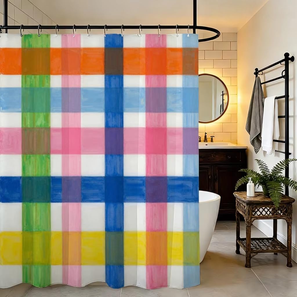 KELAIMI Rainbow Plaid Shower Curtain,Bohemian Retro Checkered Geometric Bathroom Curtain with Hooks,Washable Quick-Drying Fabric Bathtub Curtains Colorful 90X180Cm