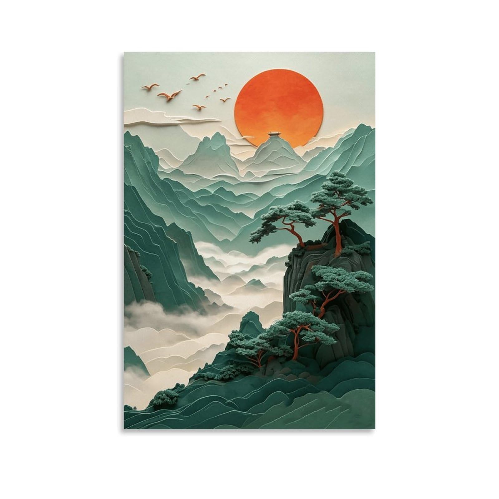 MGHTGRWE Eastern Tiered Misty Peak Sunset Motif 04 Poster Wall Art Canvas Vintage Aesthetic Painting Decor for Rooms 08x12inch Unframe-style