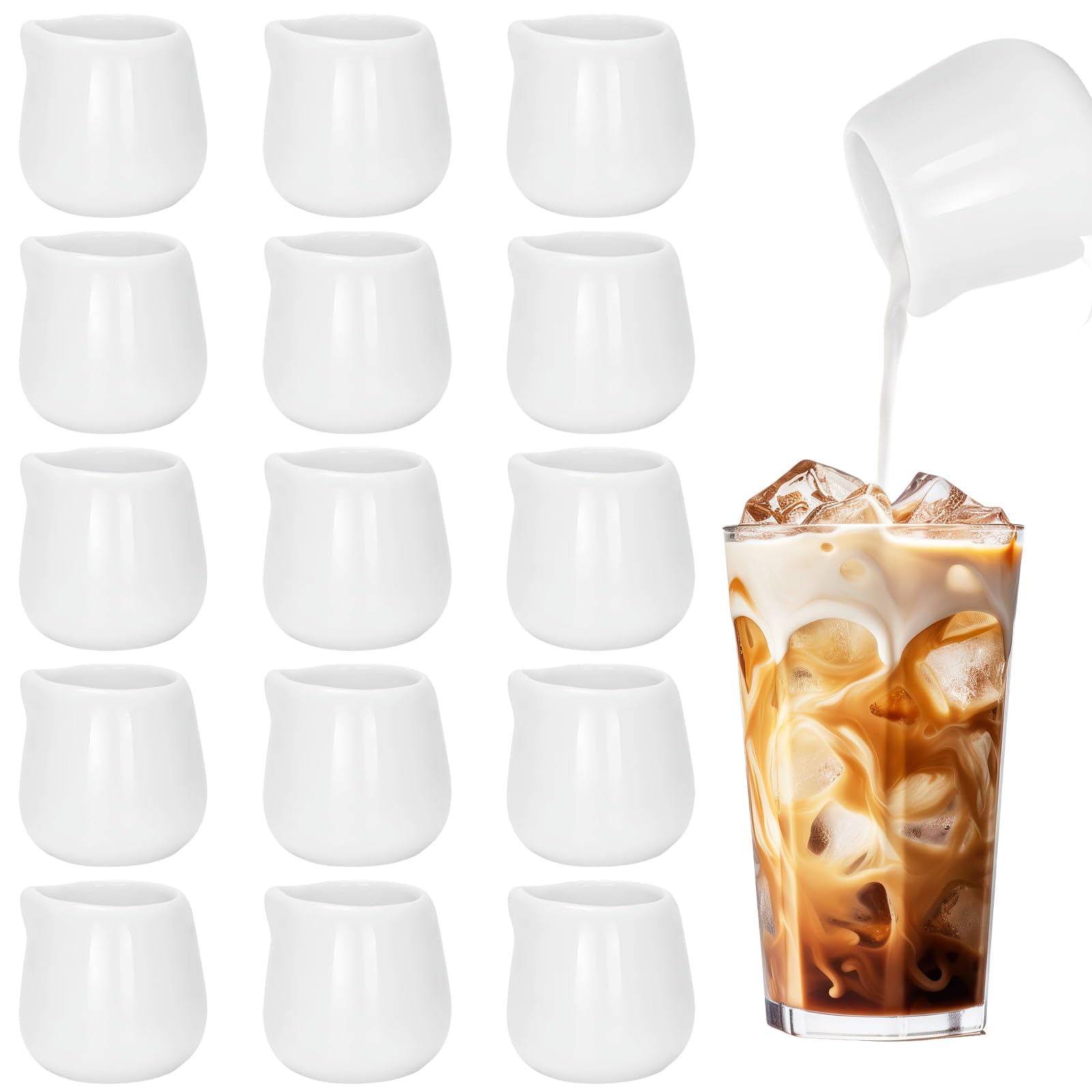 16Pcs Mini Ceramic Milk Jugs 50ml, Small Porcelain Creamer Pitchers for Coffee, Latte, Milk Frothing & Pouring, Handle-Free Design, Sauce Jugs for Espresso, Creamer, Gravy, Syrup, Dessert (﻿ White ﻿)