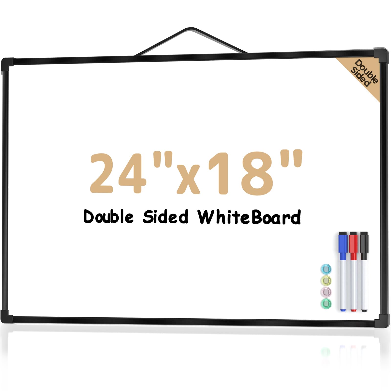 MaxGear White Board for Wall, 24" x 18" Double Sided Whiteboard,Black Frame | Double sided Dry Erase Board, Hanging for Home, School, Office, Includes 3 Dry Erase Markers 4 magnets Double Sided Tapes