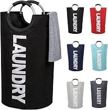 Large Laundry Basket Collapsible Fabric Laundry Hamper Tall Foldable Laundry Bag with Handles Waterproof Portable Washing Bin Folding Clothes Bag for Travel Shopping Bathroom College (Black, L)