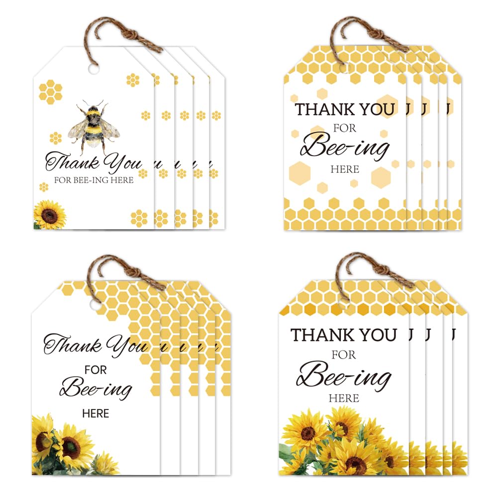 CRAFTYMELODY 80Pcs Thank You Tags with String 4 Style Thank You Bee Theme Hanging Labels Name Tags 2×3 Inch for Wedding Bridal DIY Gift Crafts Presents Birthday Clothes Holiday Party Favor Decor