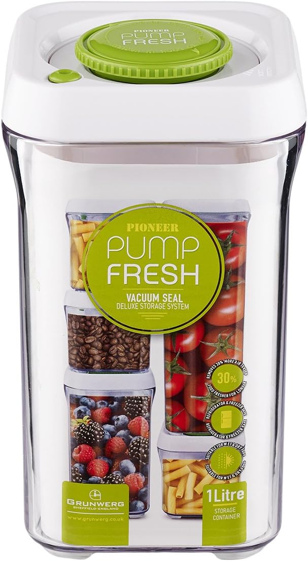 Pioneer Pump Fresh Pump Action Vacuum Seal Canister Food Storage Tupperware Box, 1000ml, White & Green