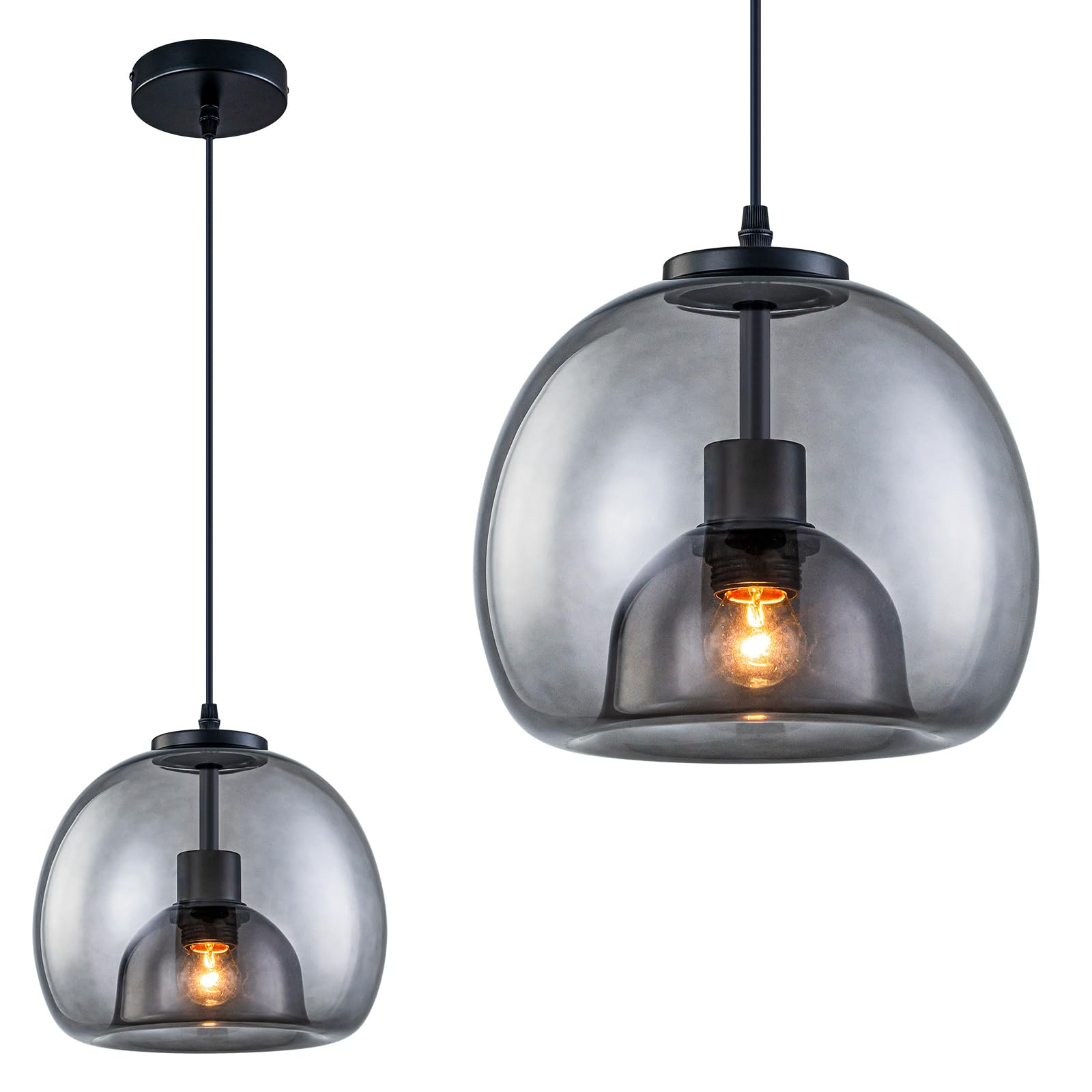 WILON moke Grey Pendant Light, Vintage Glass Light, Globe Glass Lamp Shade