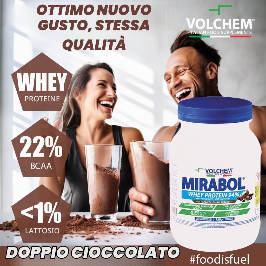 Volchem Mirabol Whey Protein 94, Integratore Alimentare con Proteine del Siero del Latte, 22% Aminoacidi Ramificati, con Arginina e Glutammina, Barattolo con Polvere Solubile, Double Chocolate, 750 g