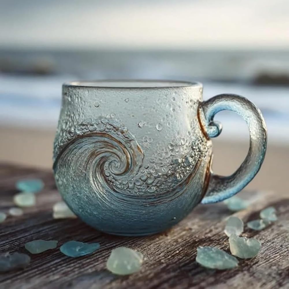 Taza de vidrio de mar hecha a mano con textura de ola de playa para té, café y cócteles, bebidas de vidrio, 12 onzas (2)
