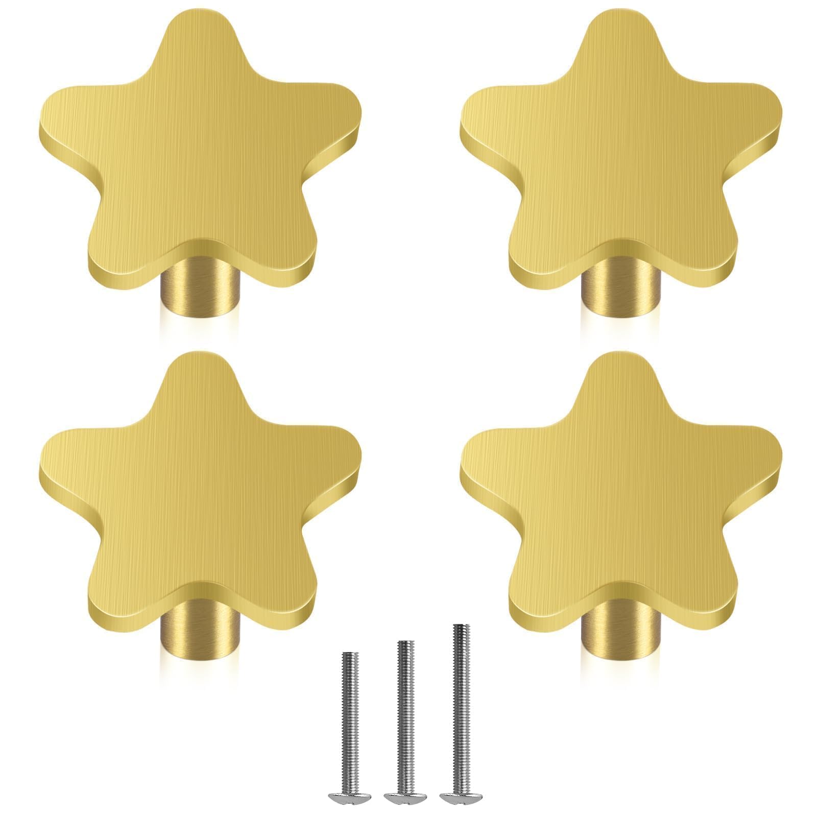 OctinPris 4X Solid Brass Star Drawer Knob Drawer Brushed Gold Cabinet Knob 34mm/1.33" for Kitchen Cupboard Furniture Chest Door Dresser Bathroom with