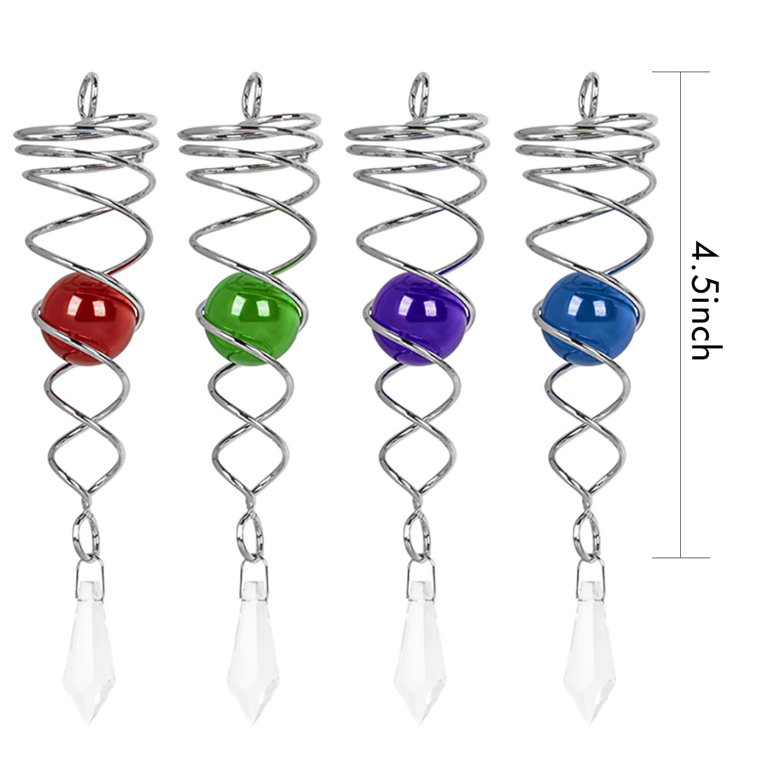 4PCS Gazing Ball Spiral Tail Wind Spinner Stabilizer,4.5 Inch Stainless Steel Glass Ball with Hanging Swivel Hook for Outdoor Garden Wind Spinner Catcher Decorations(Blue,Red,Green,Purple) (a)