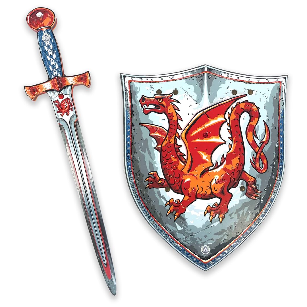 Liontouch - Spada e Scudo in Gommapiuma Drago d'Ambra per Ragazzi da 3 a 8 Anni | Set da Cavaliere Medievale Gioco di Ruolo con Drago Rosso | Armi Sicure e Accessori per Battaglie, Costumi da Bambino