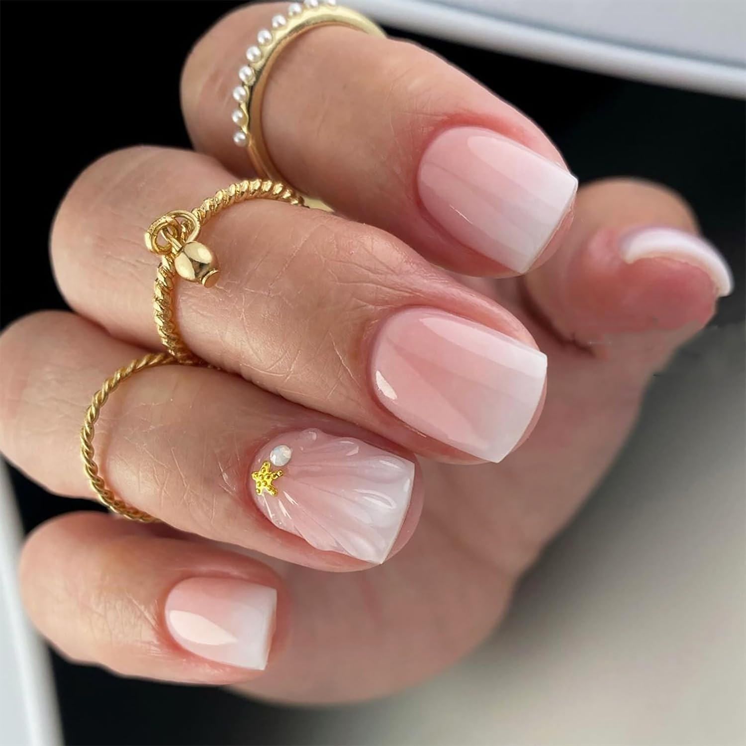 24pcs French Press on Nails Short Square Pink White Gradient With Charms Designs Glossy Glue on Cute False Full Cover Artificial for Women Girl