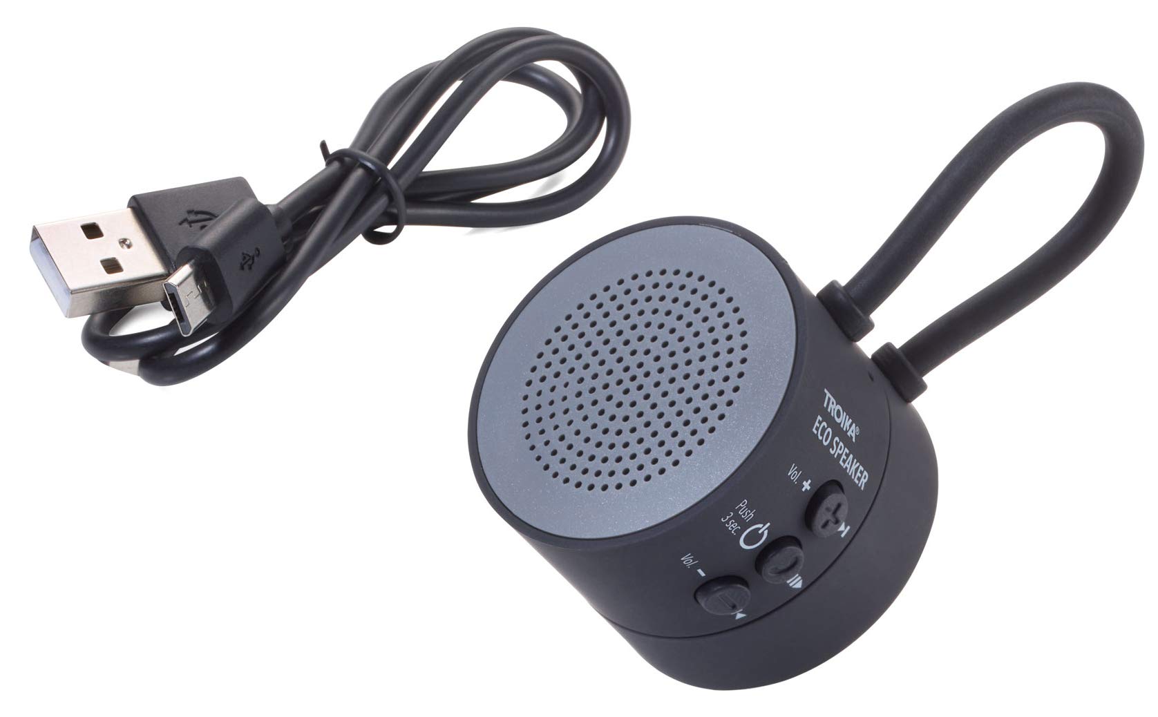 TROIKA Mini-Lautsprecher/Freisprecheinrichtung für Sport und Freizeit, kabellos, mit starkem Magnet zur Befestigung, rund, Überlade-/Tiefentladungsschutz, inkl. Ladekabel – ECO Speaker