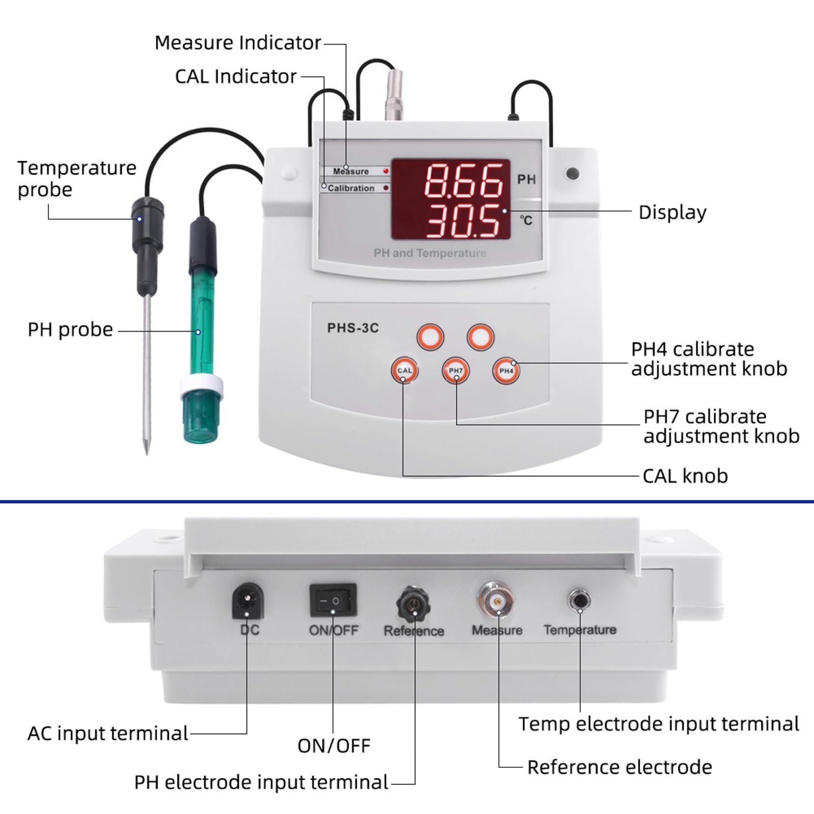 Medidor de pH digital de escritorio, medidor de pH de sobremesa for laboratorio, precisión de pH de ±0,01, pH/temperatura, 2 electrodos, calibración automática de 2 puntos