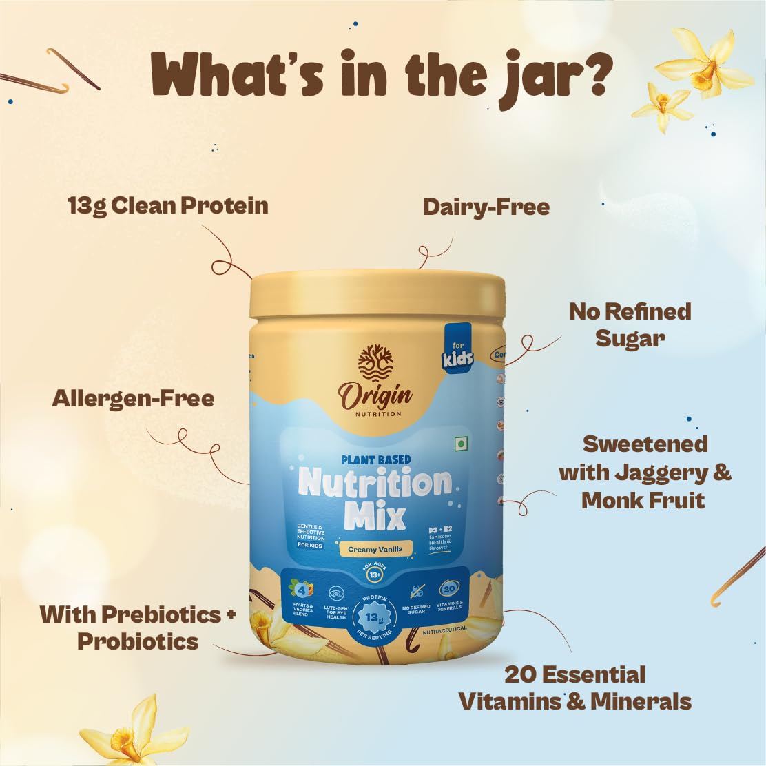 Origin Kids Nutrition Mix | Ages 13+ | 7g Plant Protein | Eye Health, Immunity & Growth | Creamy Vanilla 379g I Zero Refined Sugar | Allergen-Free — Amazon image 2