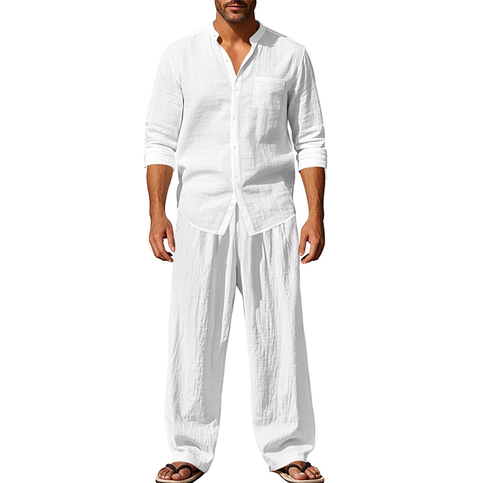 Ensemble 2 pièces en lin pour homme – Chemise boutonnée à manches longues avec pantalon ample à jambes larges, costume de plage léger pour homme, costume doux pour les vacances