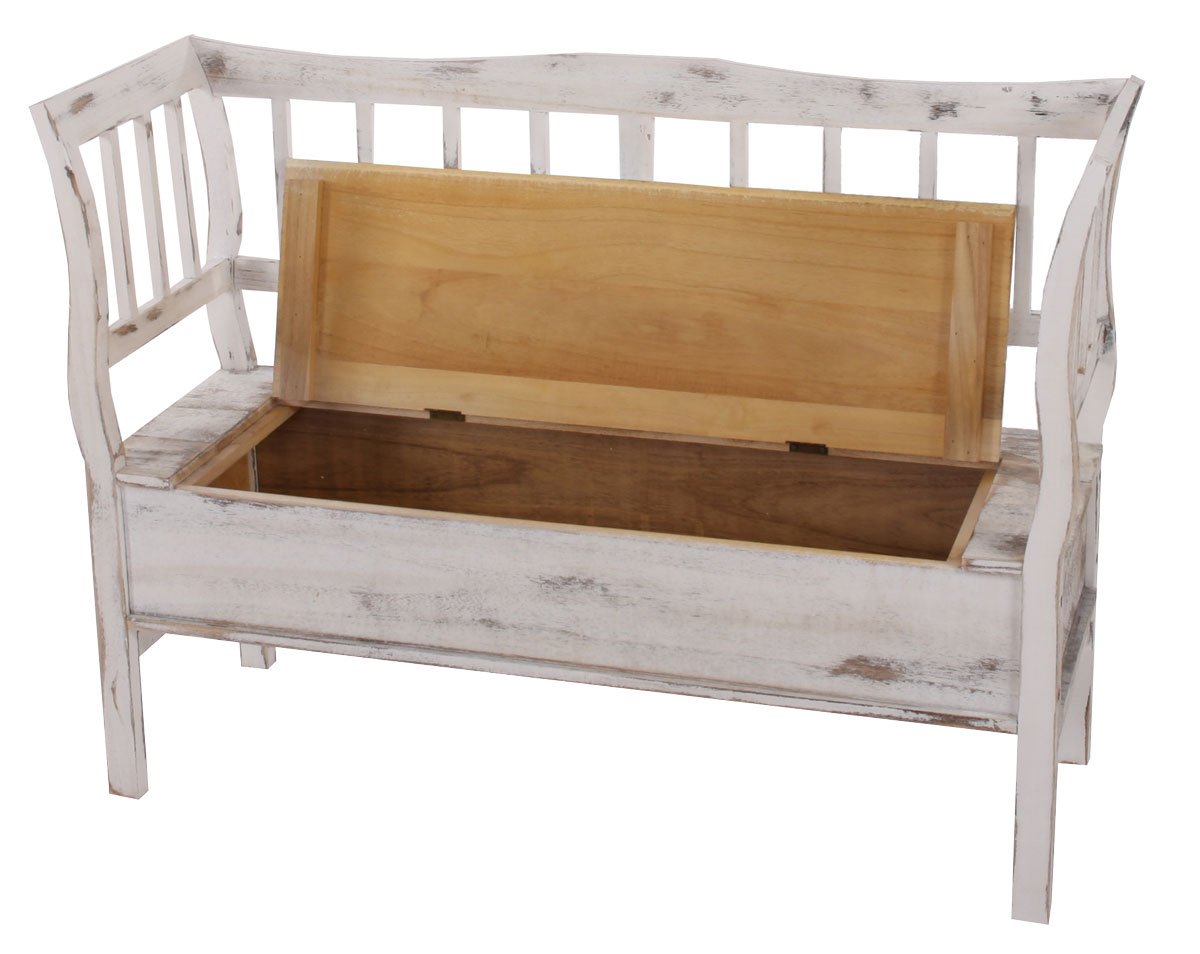 Mendler Banc Banquette de Rangement T207 Coffre avec Coussin Bois Blanc Shabby Chic